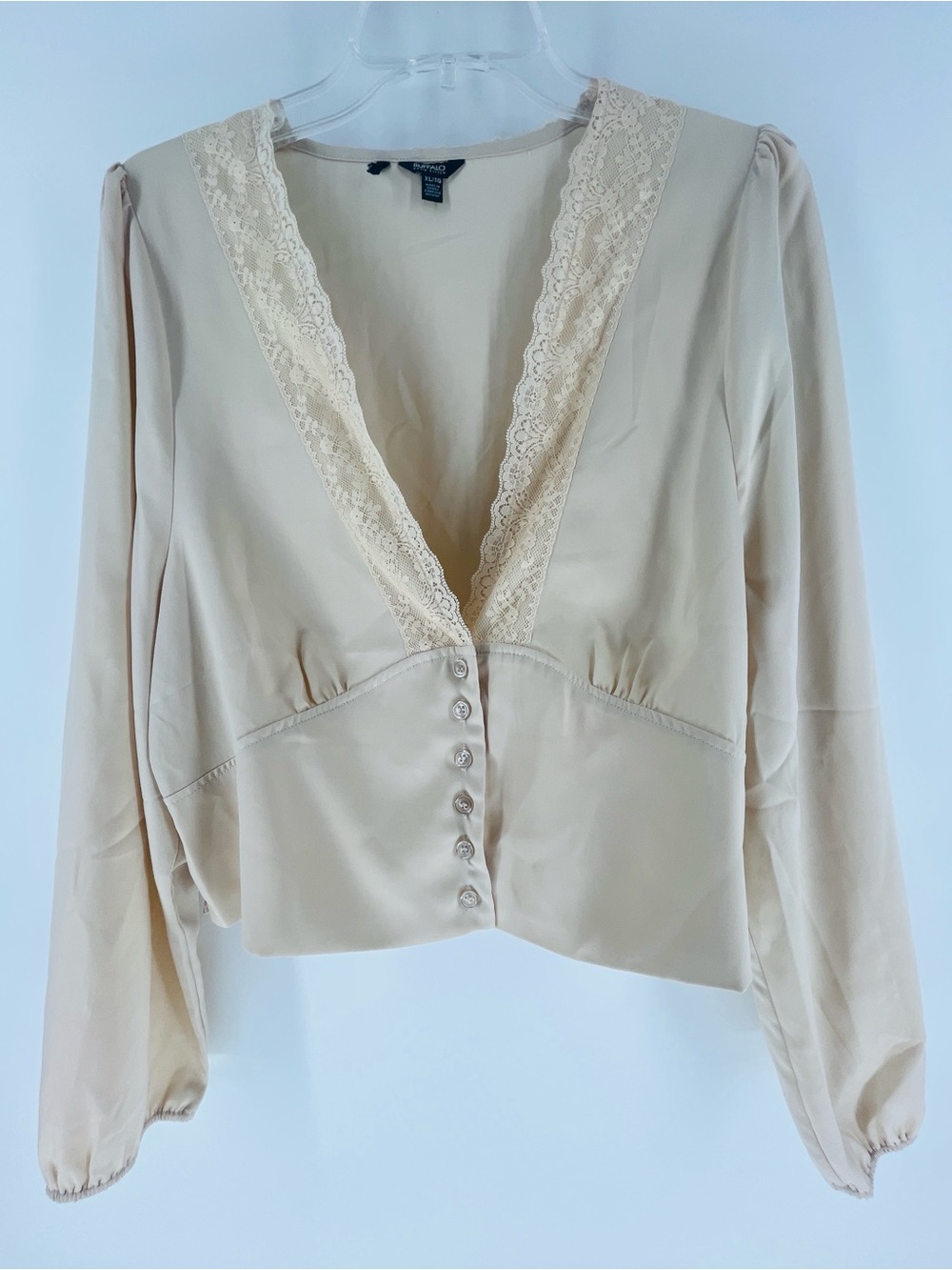 Buffalo David Bitton Champagne Silk Lace Trim Milkmaid Corset Blouse XL